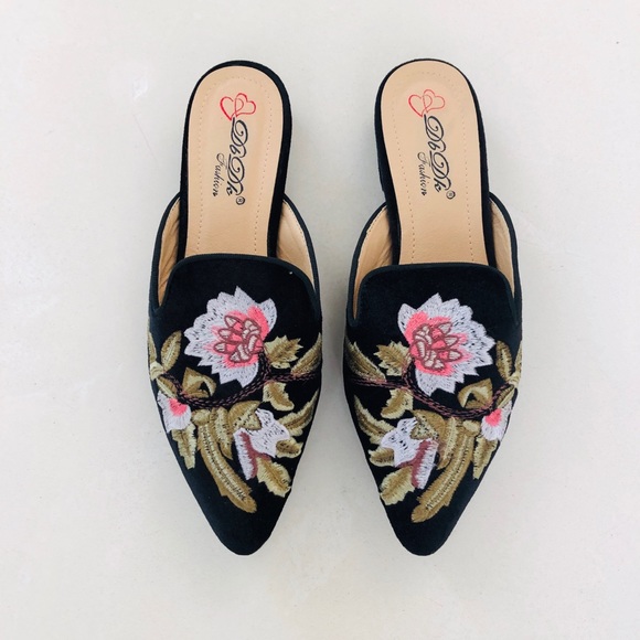 DbDk Fashion Shoes - DbDk Fashion Suzanne Floral Black Velvet Mules 6